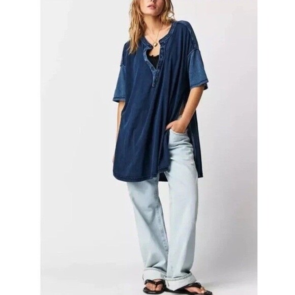 Free People On The Flip Side Tee Tunic Top Blue Size Small - Picture 1 of 8